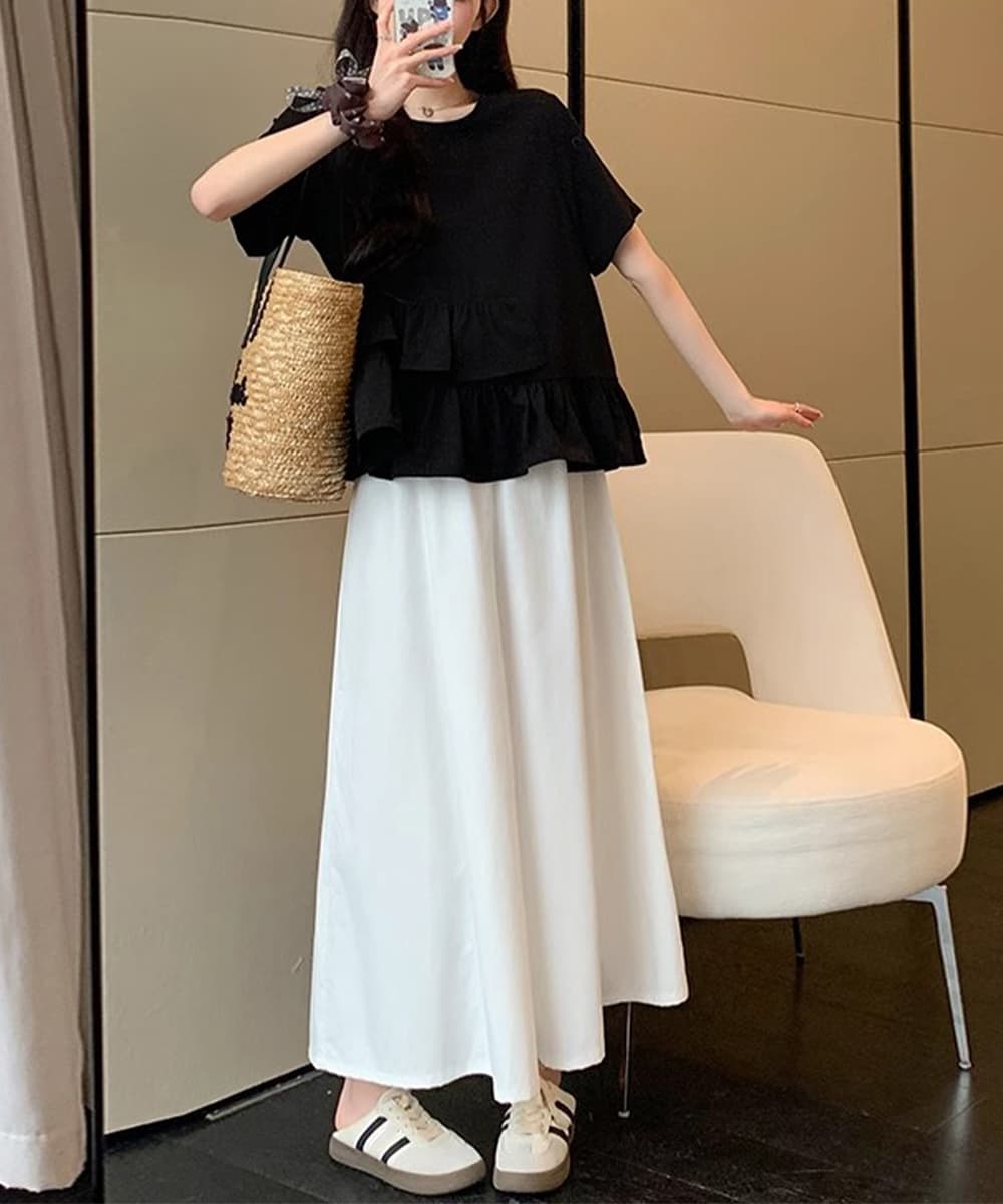 フリルブラウス 裾フリル段重ねブラウス 半袖 夏秋服