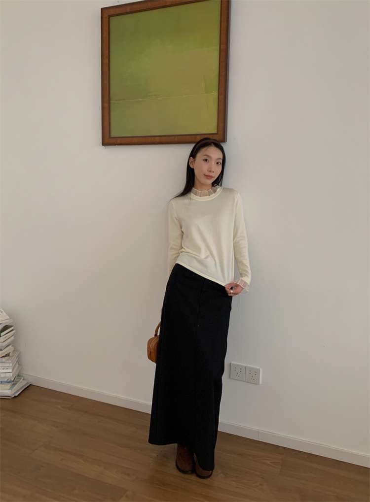 フリルブラウス フリル付きリブニット襟ブラウス