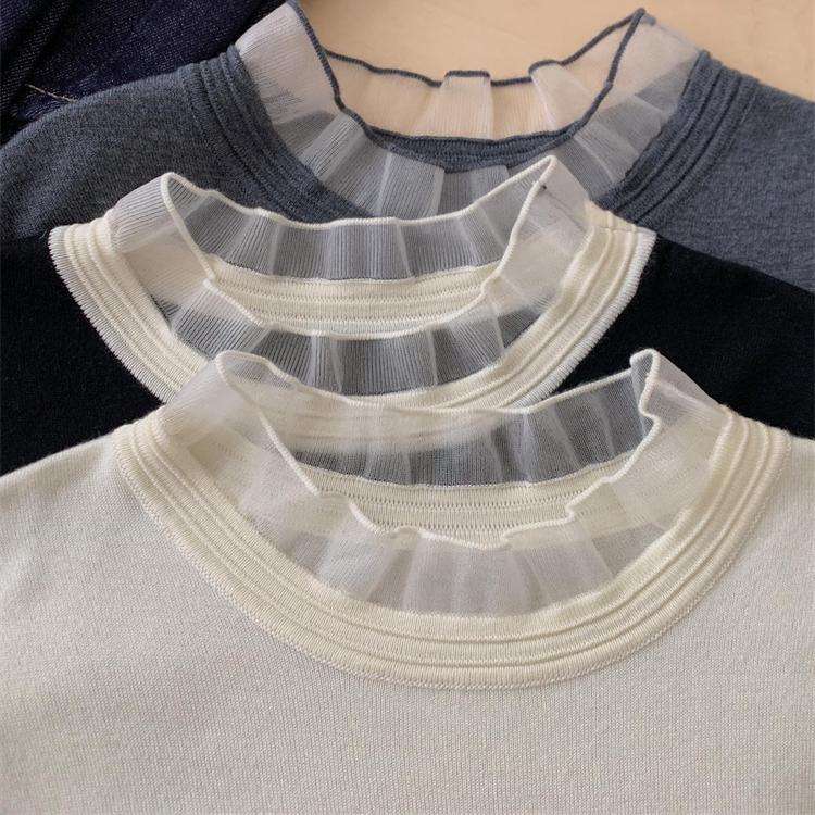 フリルブラウス フリル付きリブニット襟ブラウス