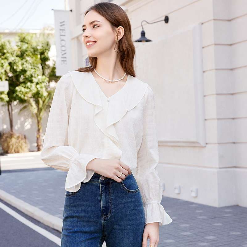 フリルブラウス フリル襟袖口フレア 優雅ブラウス