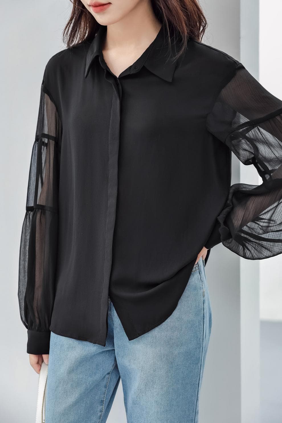 フリルブラウス 透け感シフォンボリューム袖フリルシャツ