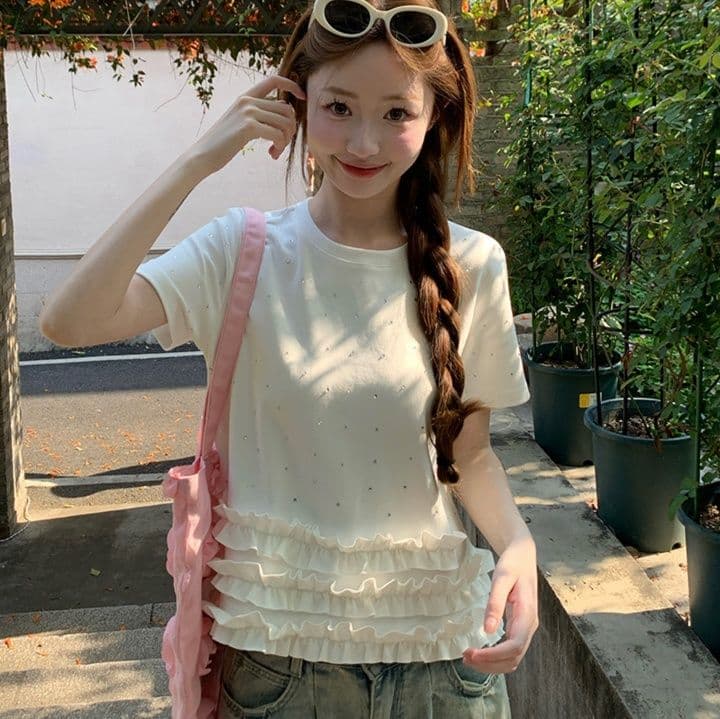 フリルブラウス 水玉ドット重ね裾フリルブラウス