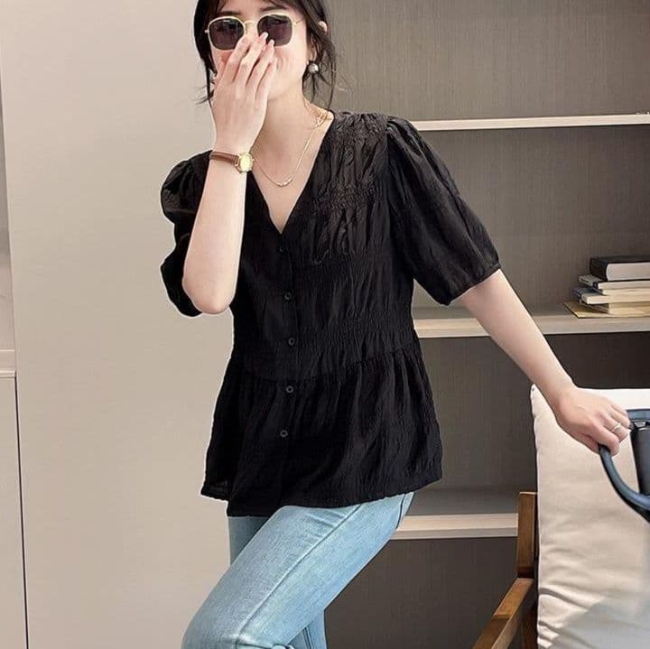 フリルブラウス 優美シャーリング胸元フリルブラウス