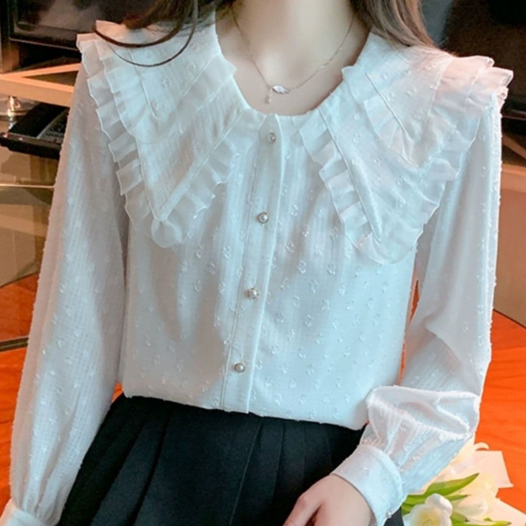 フリルブラウス 花びら襟フリルドット柄ブラウス