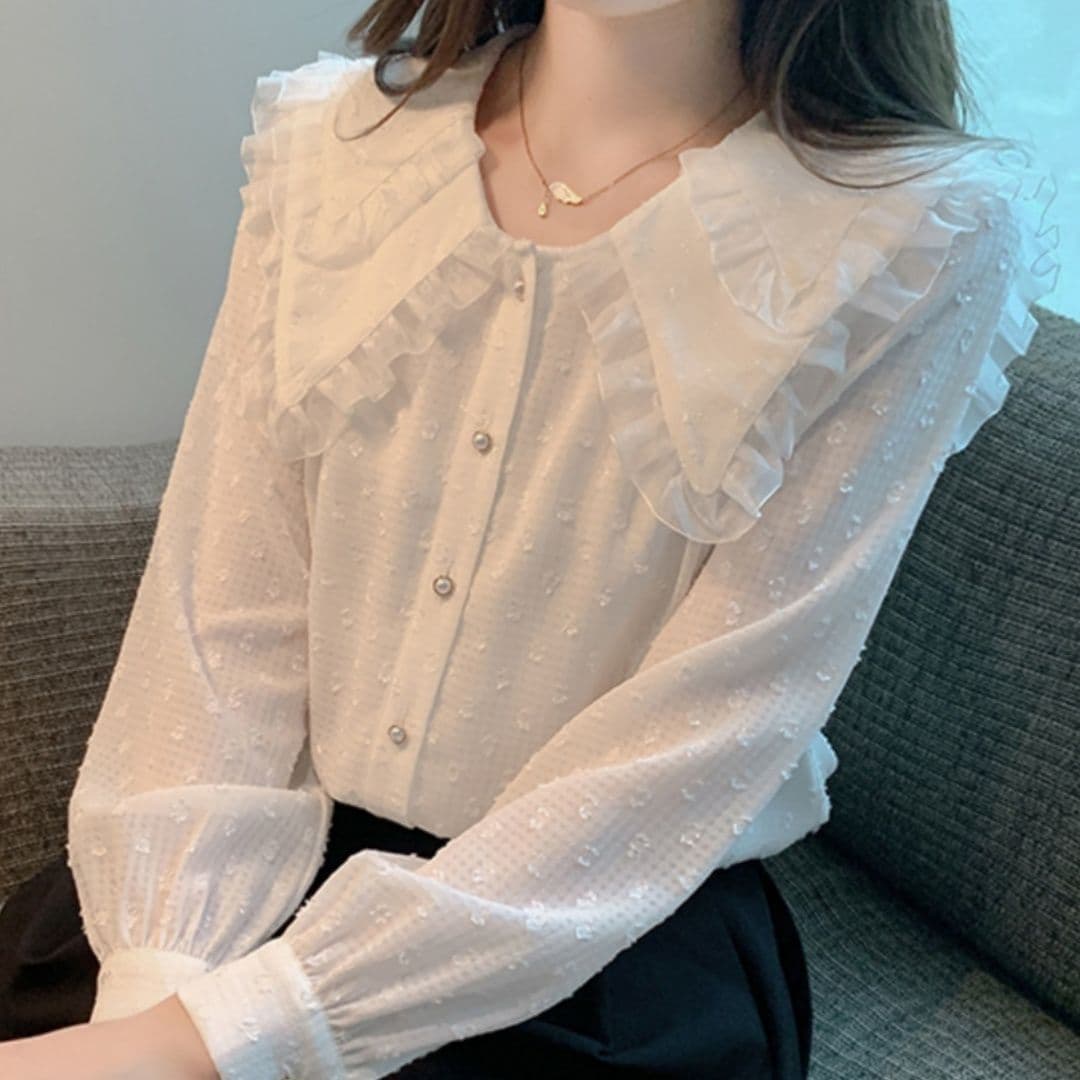 フリルブラウス 花びら襟フリルドット柄ブラウス