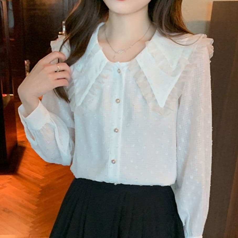 フリルブラウス 花びら襟フリルドット柄ブラウス
