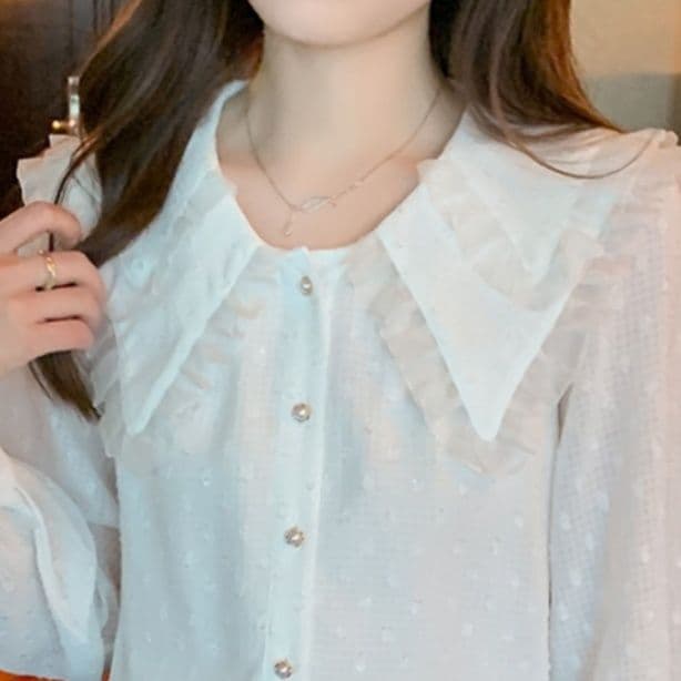 フリルブラウス 花びら襟フリルドット柄ブラウス