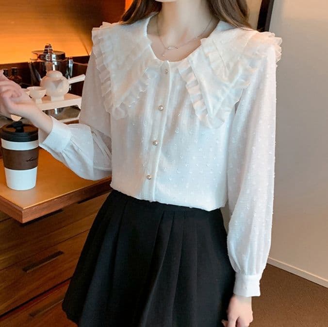 フリルブラウス 花びら襟フリルドット柄ブラウス