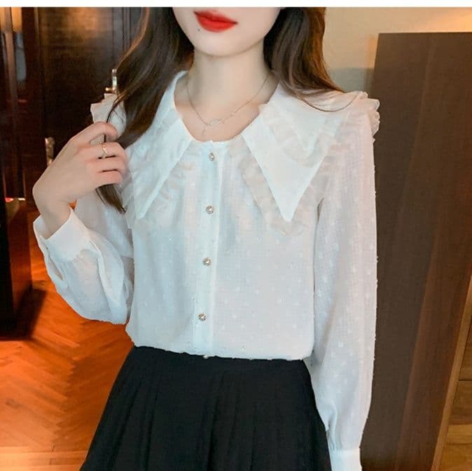 フリルブラウス 花びら襟フリルドット柄ブラウス