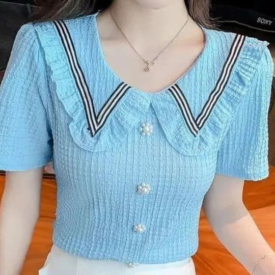 フリルブラウス 学院風配色テープ付き丸襟フリルブラウス