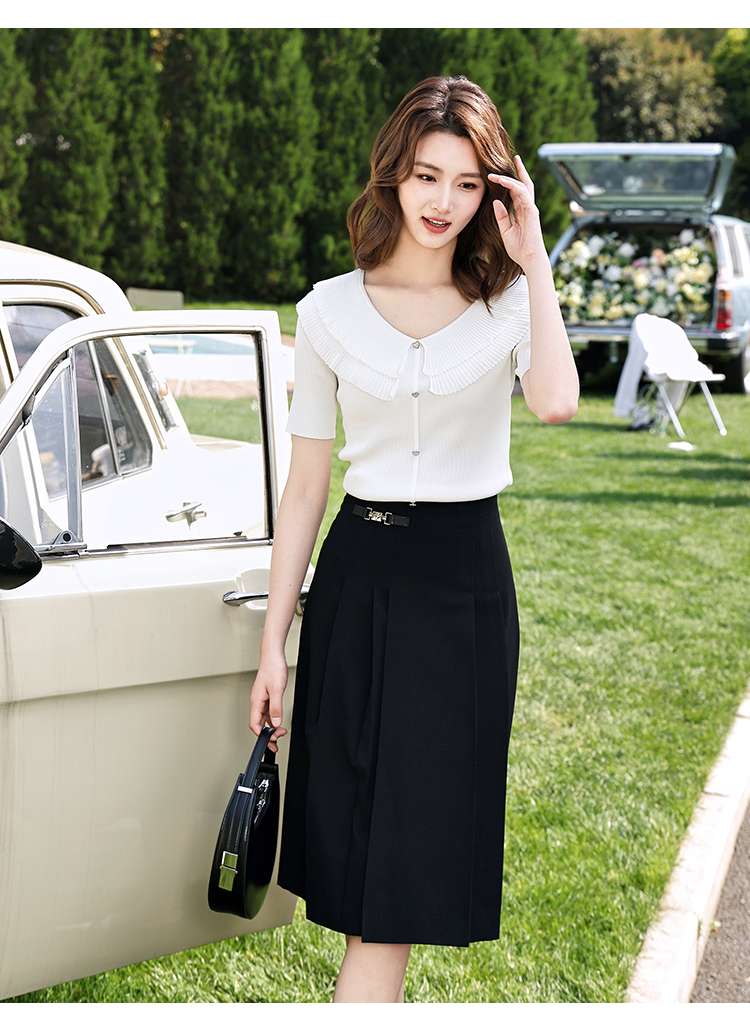 フリルブラウス フェミニン襟フリルリブニットブラウス