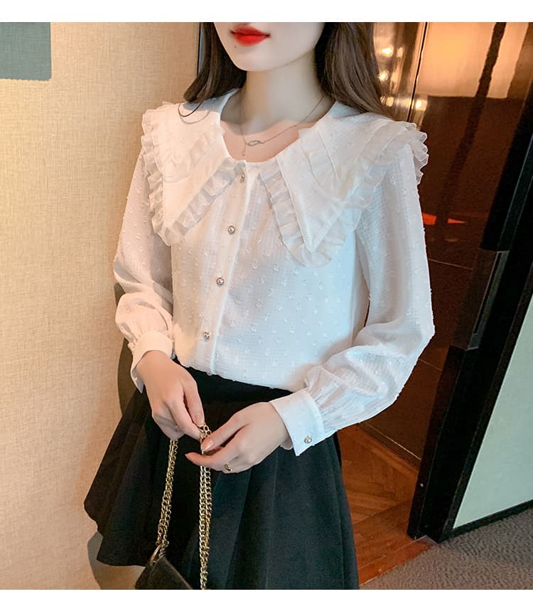 フリルブラウス 花びら襟フリルドット柄ブラウス