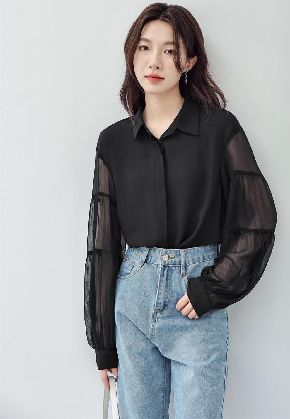 フリルブラウス 透け感シフォンボリューム袖フリルシャツ