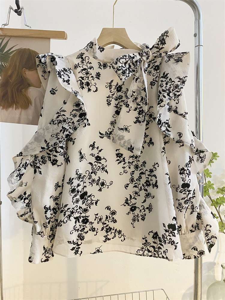 フリルブラウス 花柄デザイン フリルスリーブ シャーリングブラウス