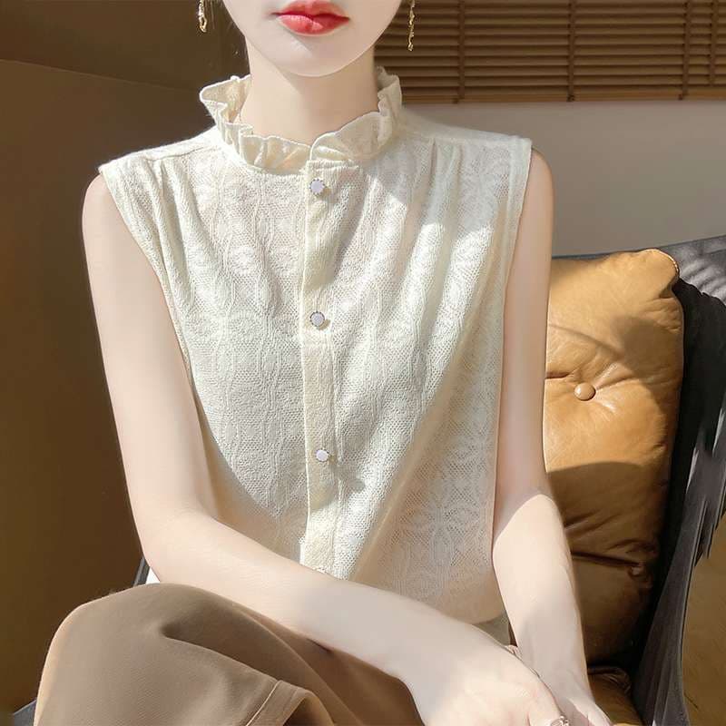 フリルブラウス フリル襟シャーリングノースリーブブラウス