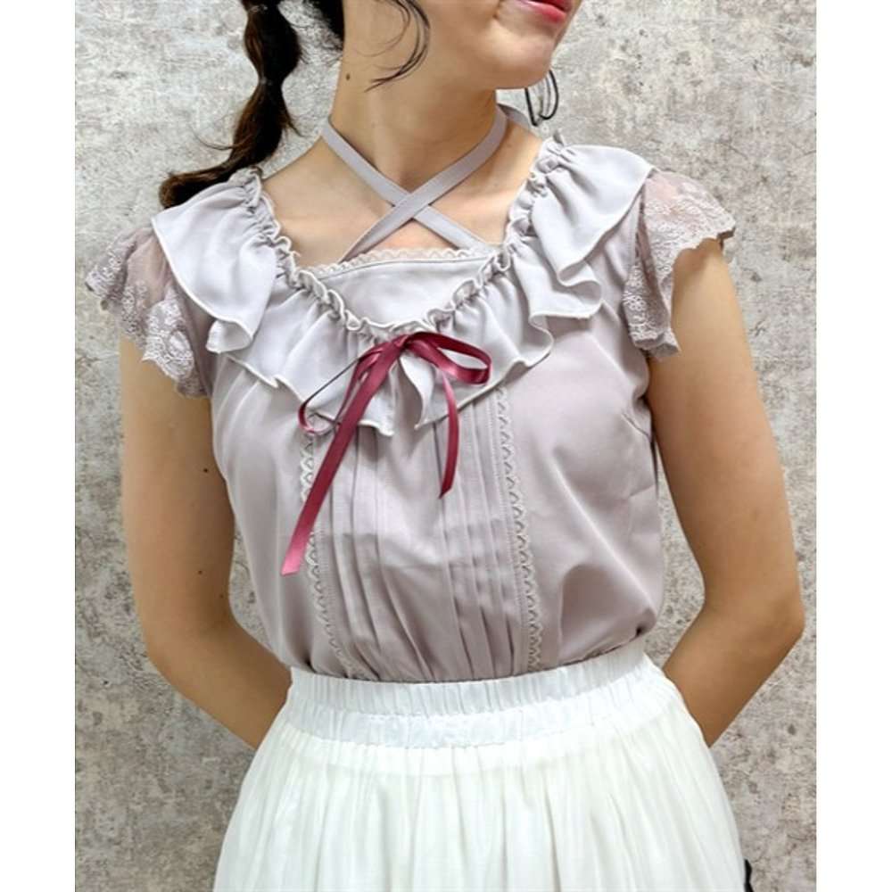 クロスネックレース袖フリルブラウス