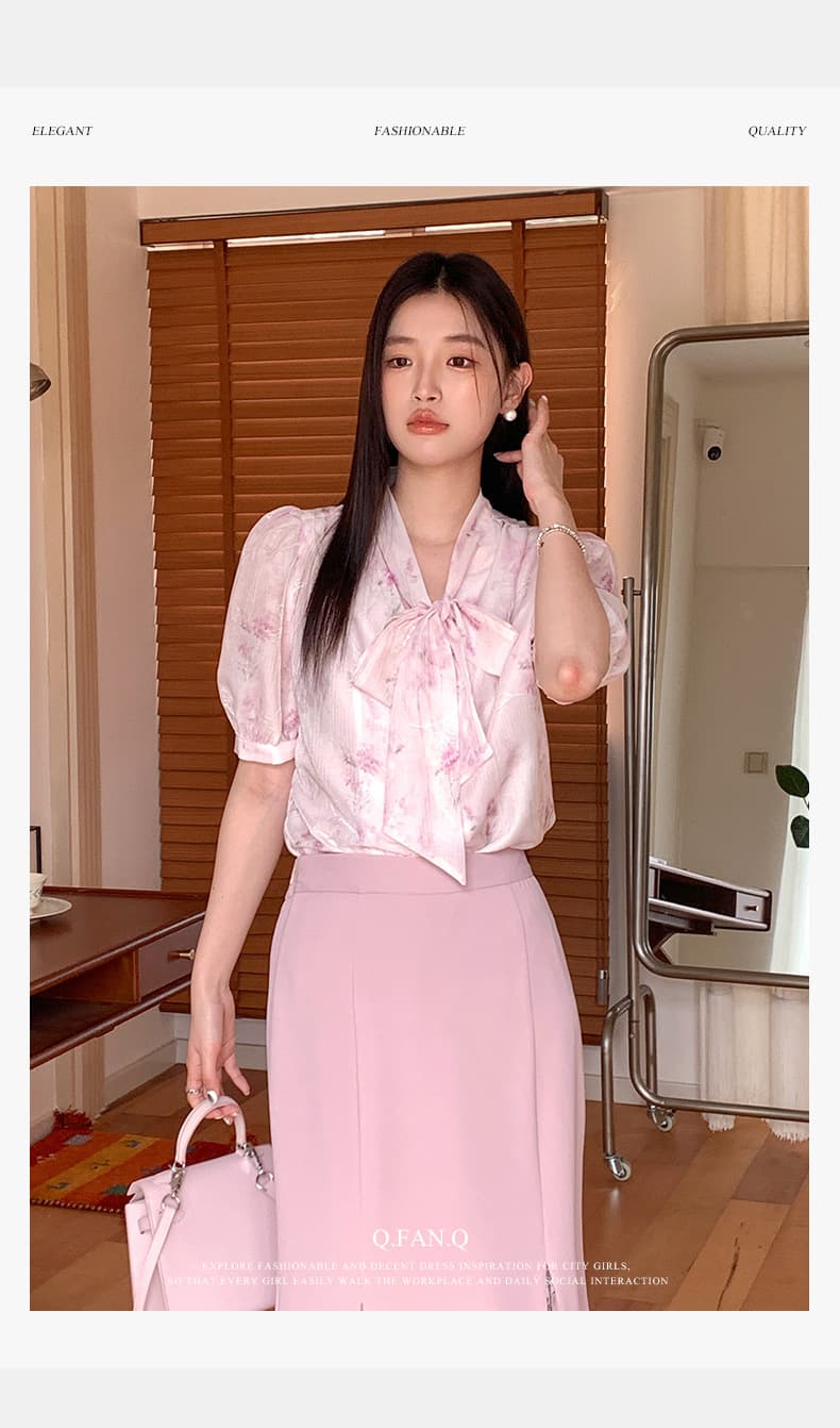フリルブラウス 優美リボン胸元フリルブラウス