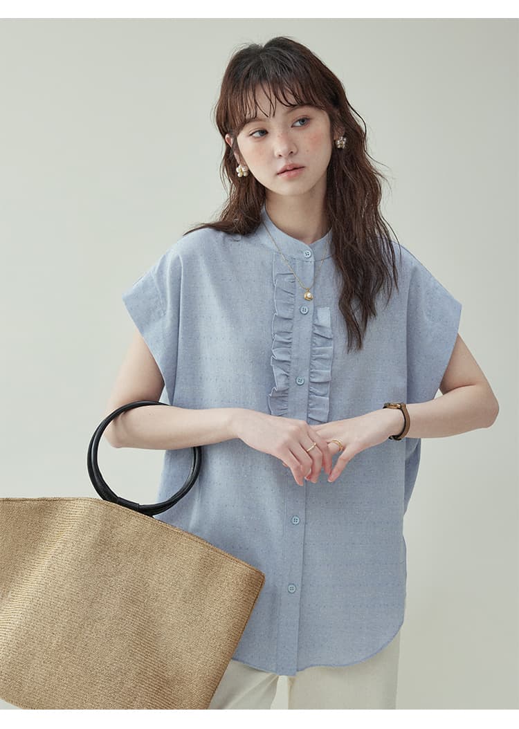 フリルブラウス 縦フリル飾り 上品ノースリーブブラウス