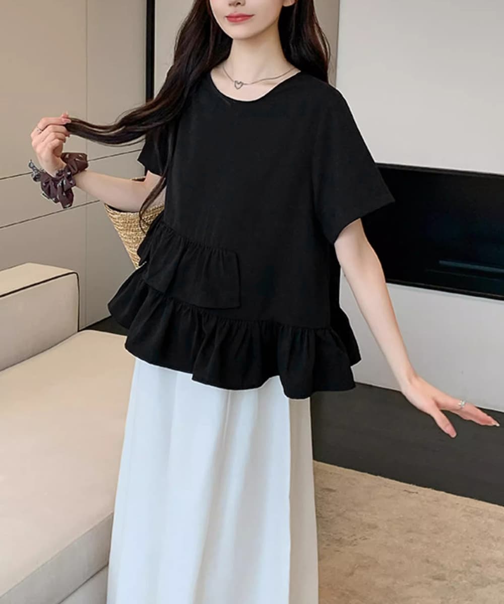 フリルブラウス 裾フリル段重ねブラウス 半袖 夏秋服
