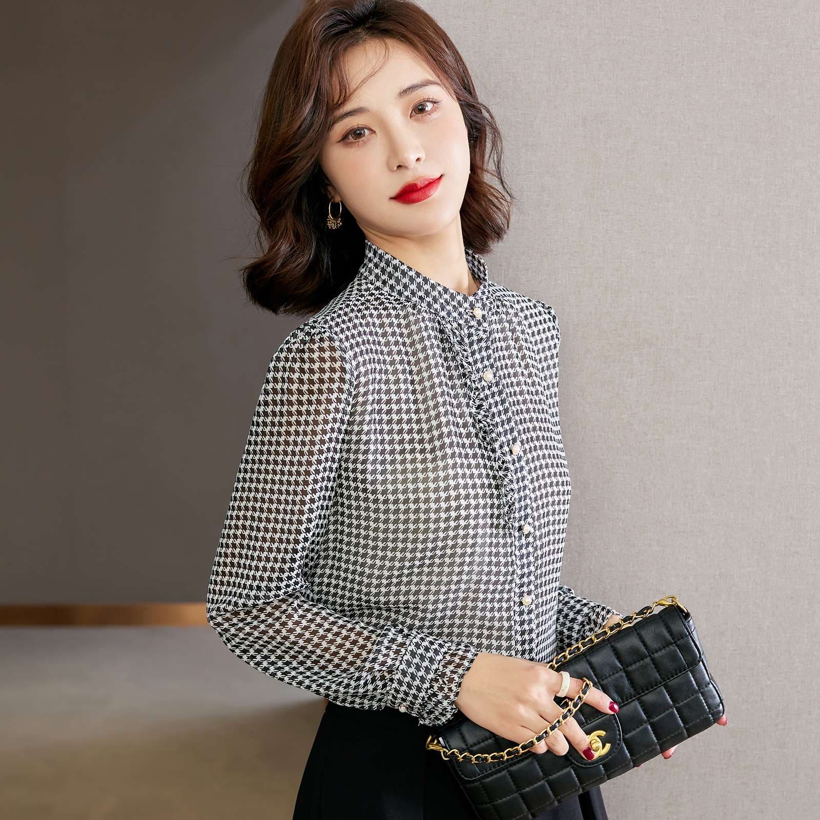 フリルブラウス エレガント千鳥格子ブラウス