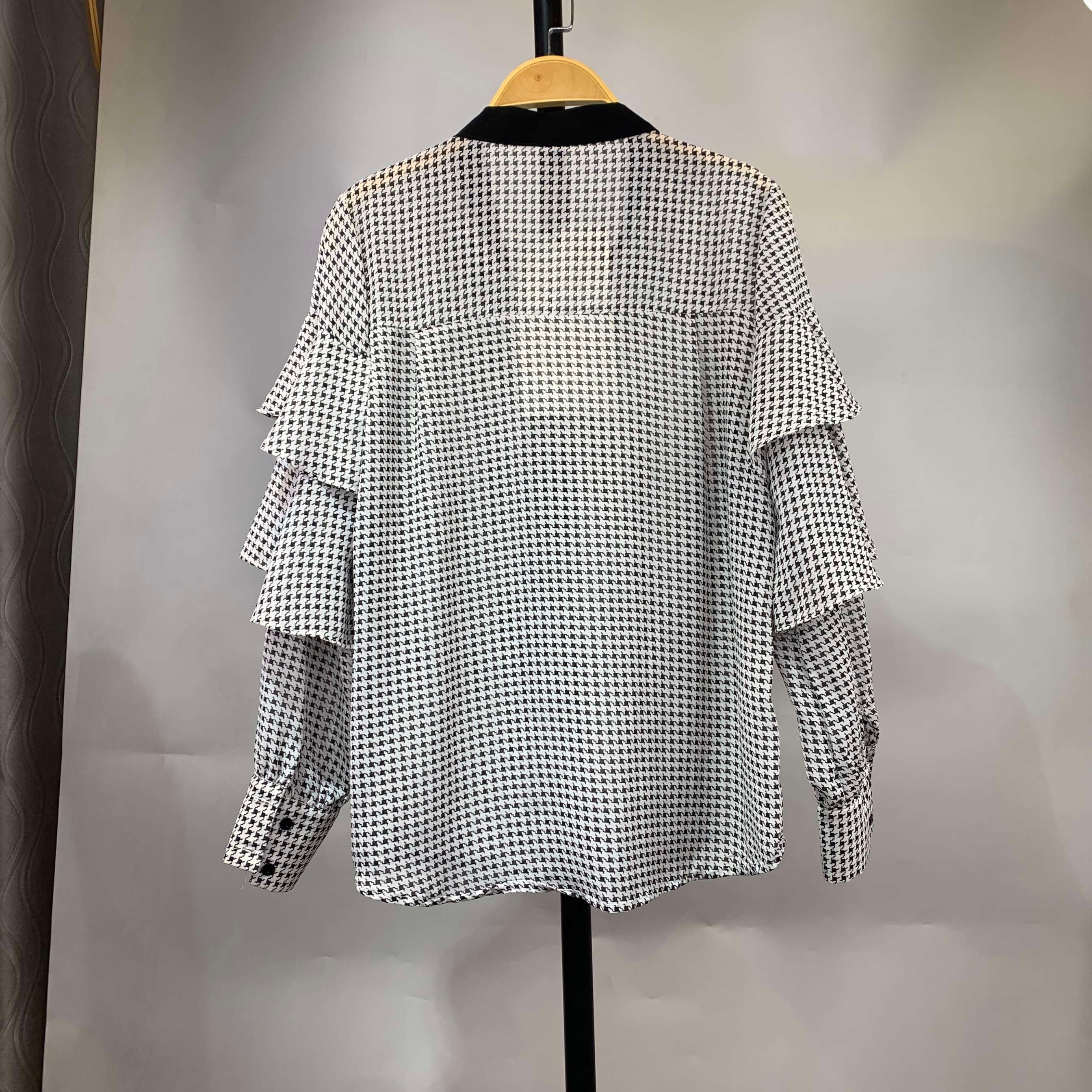 フリルブラウス 千鳥格子柄フリル二段重ねブラウス