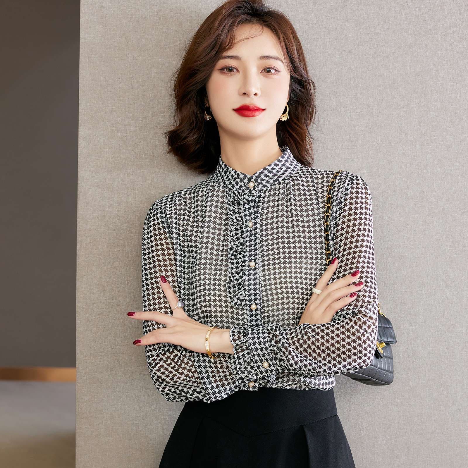 フリルブラウス エレガント千鳥格子ブラウス