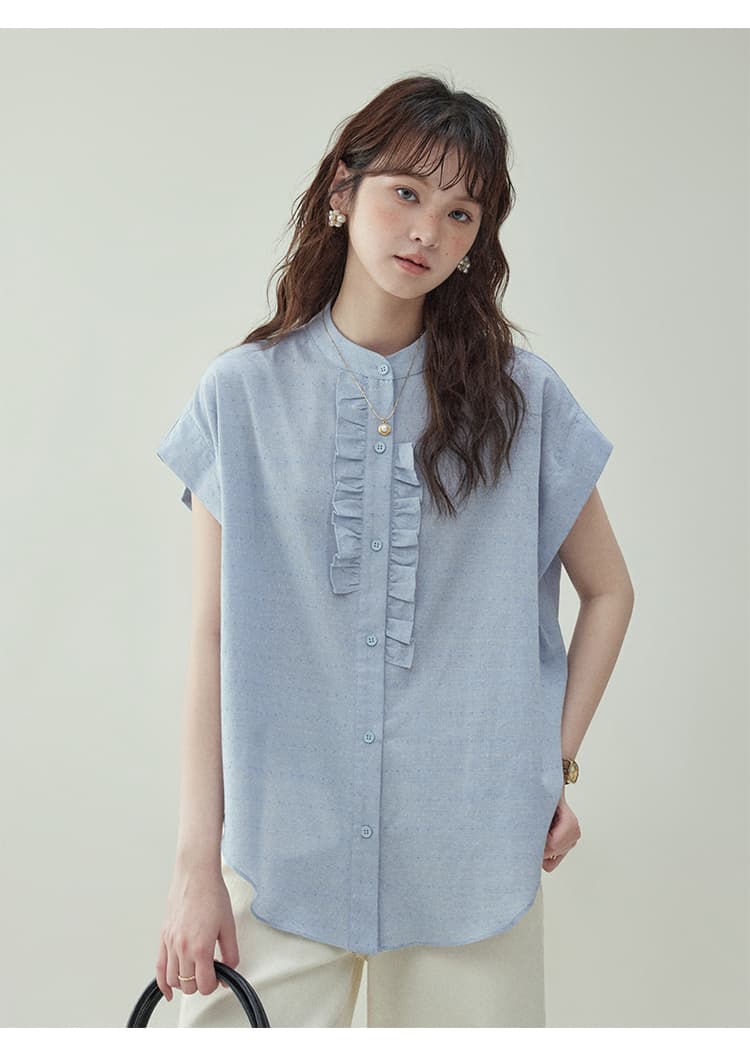 フリルブラウス 縦フリル飾り 上品ノースリーブブラウス