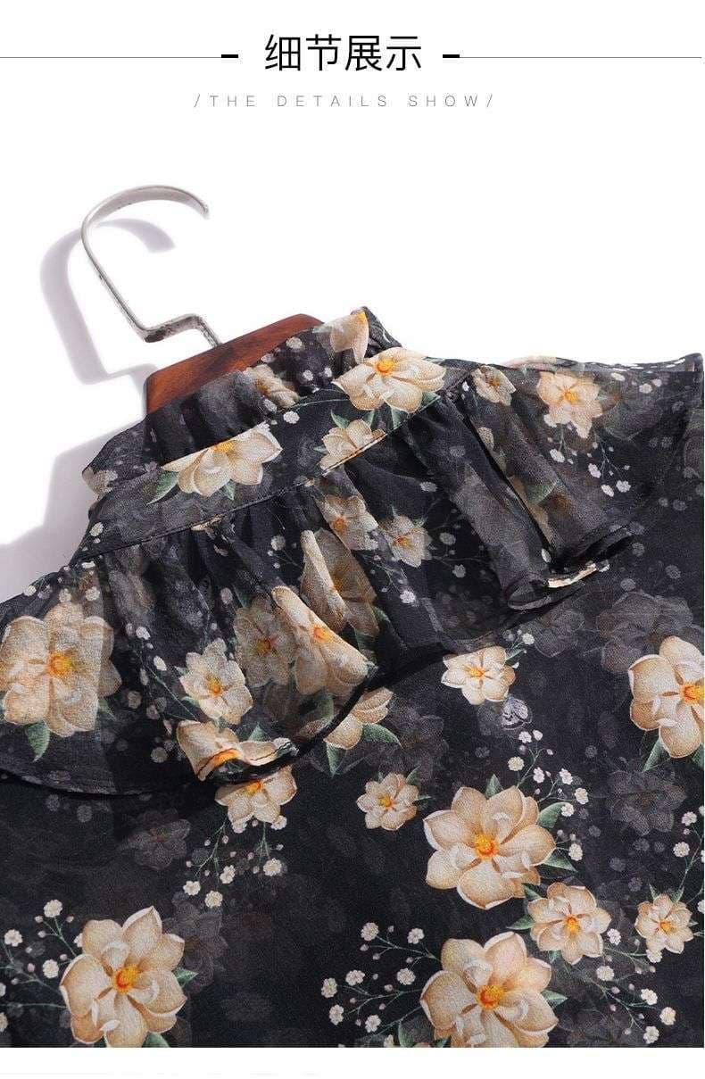 フリルブラウス 花柄シフォン フリルネックブラウス