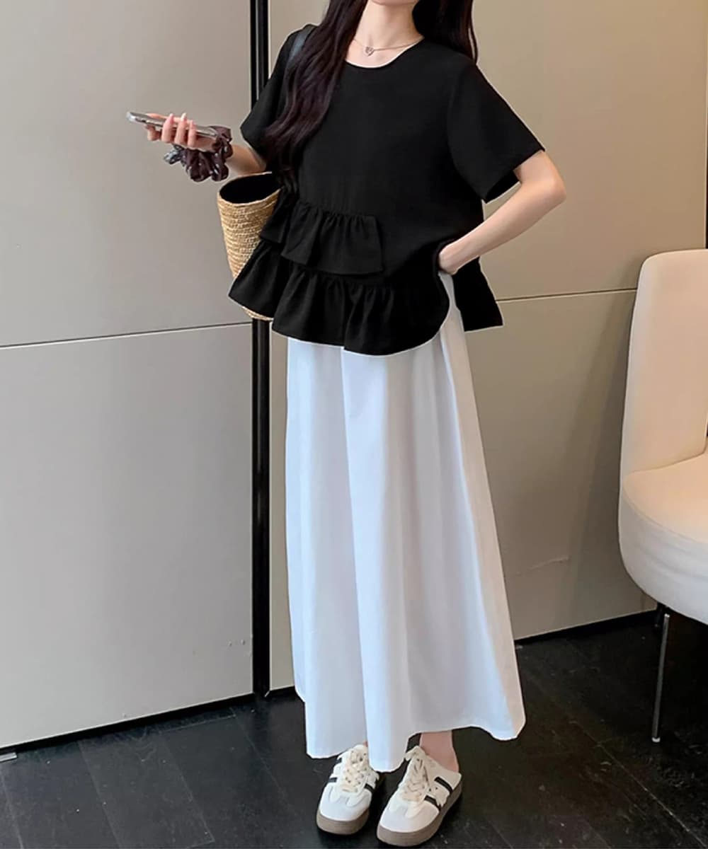 フリルブラウス 裾フリル段重ねブラウス 半袖 夏秋服