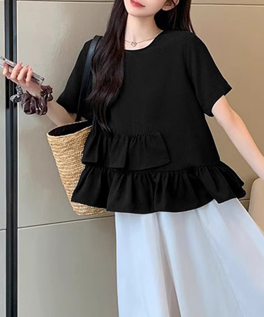 フリルブラウス 裾フリル段重ねブラウス 半袖 夏秋服