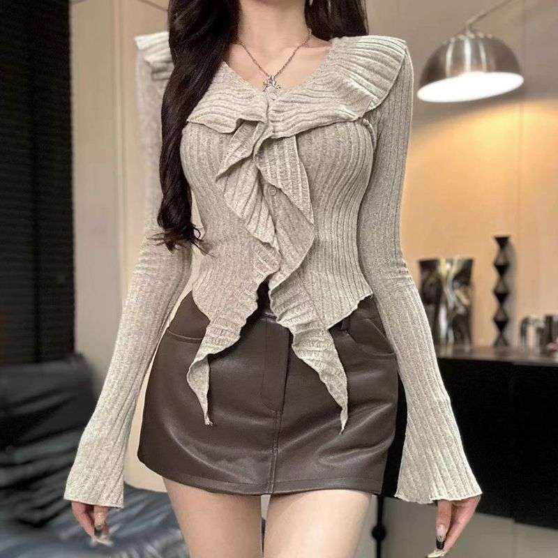 フリルブラウス 縦フリルデザインニットカットソー