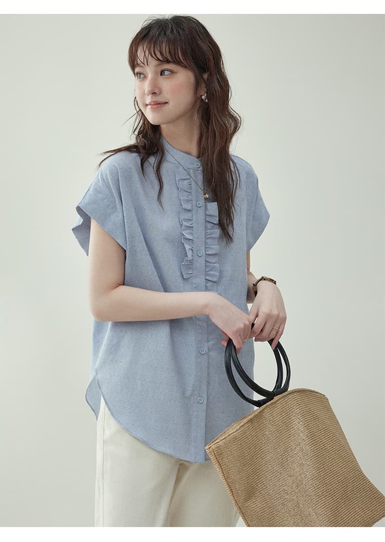 フリルブラウス 縦フリル飾り 上品ノースリーブブラウス