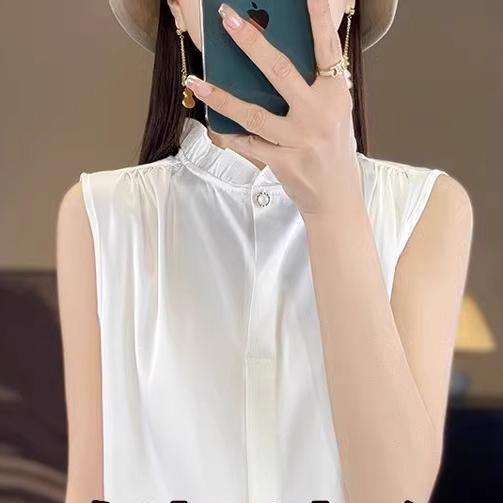 フリルブラウス パール付きフリル襟スタンドカラーブラウス