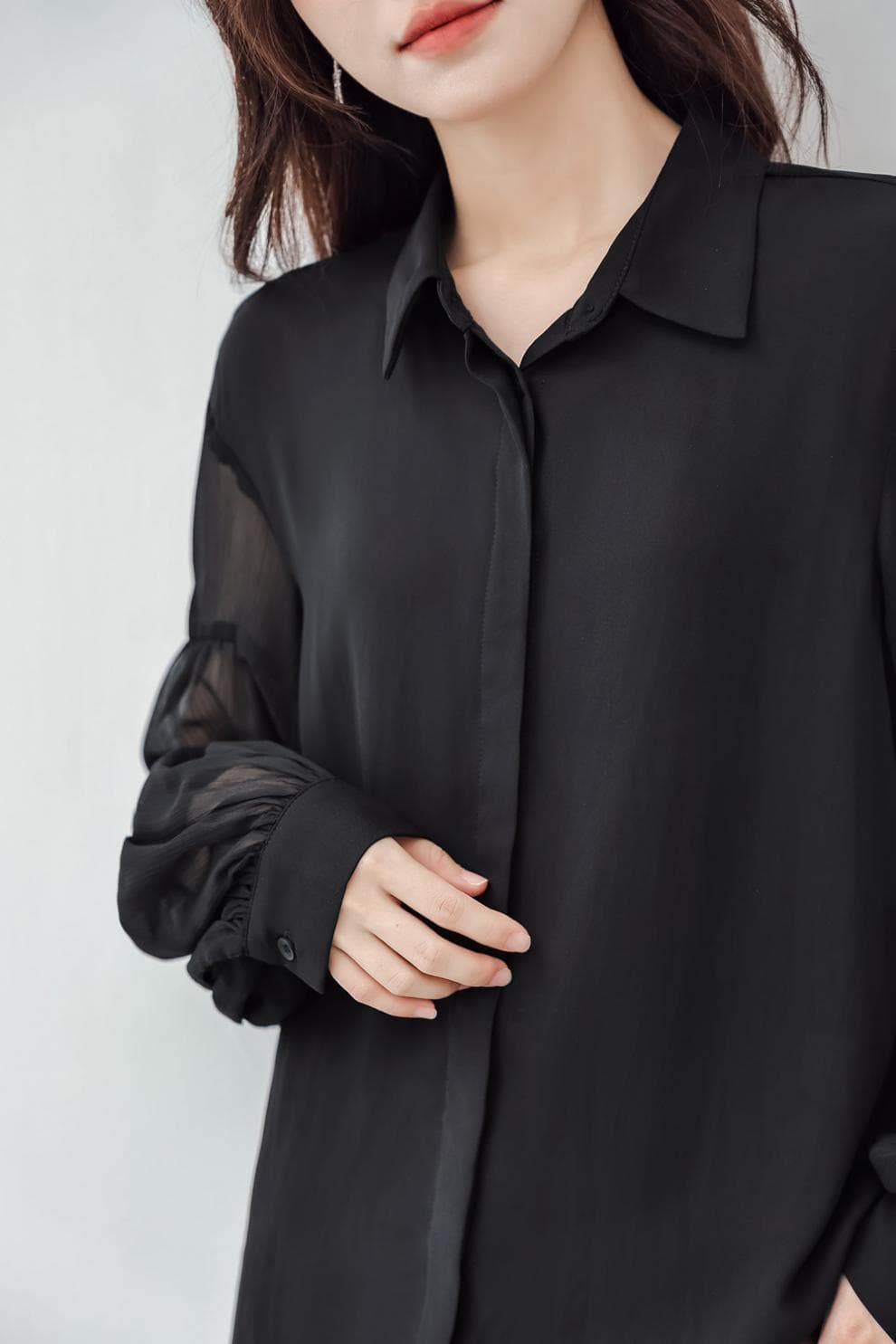 フリルブラウス 透け感シフォンボリューム袖フリルシャツ