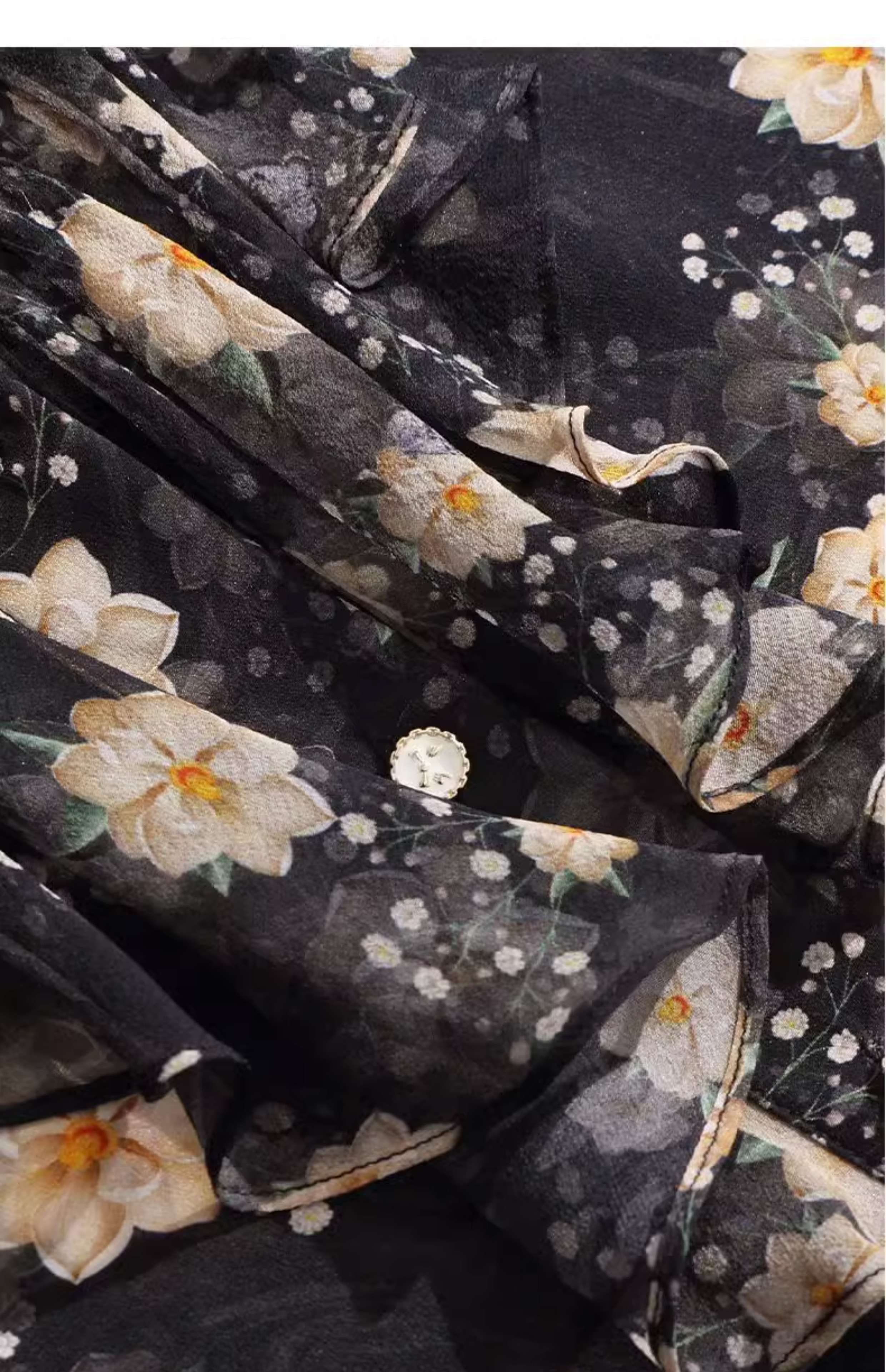 フリルブラウス 花柄シフォン フリルネックブラウス
