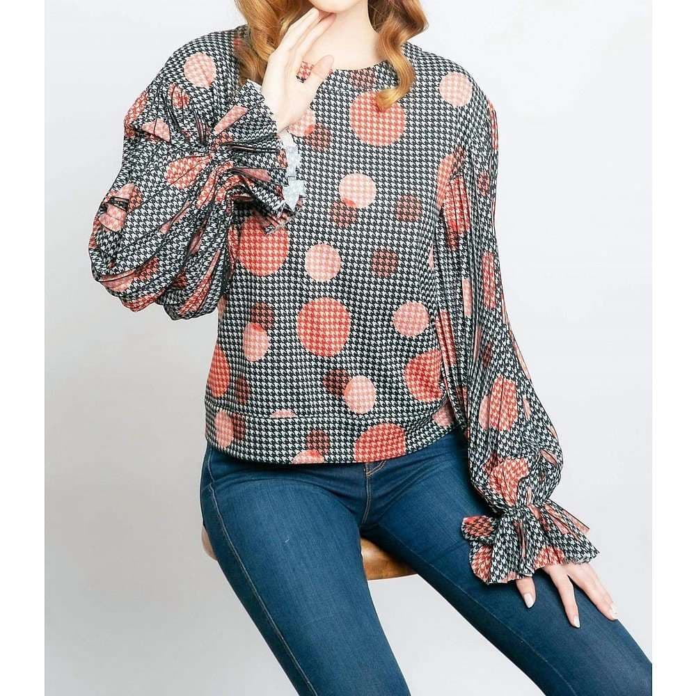 フリルブラウス 幾何学模様ドット柄フリル袖ブラウス