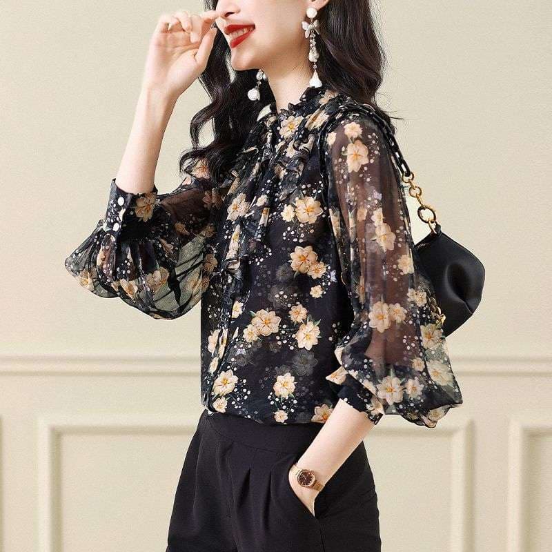 フリルブラウス 花柄シフォン フリルネックブラウス