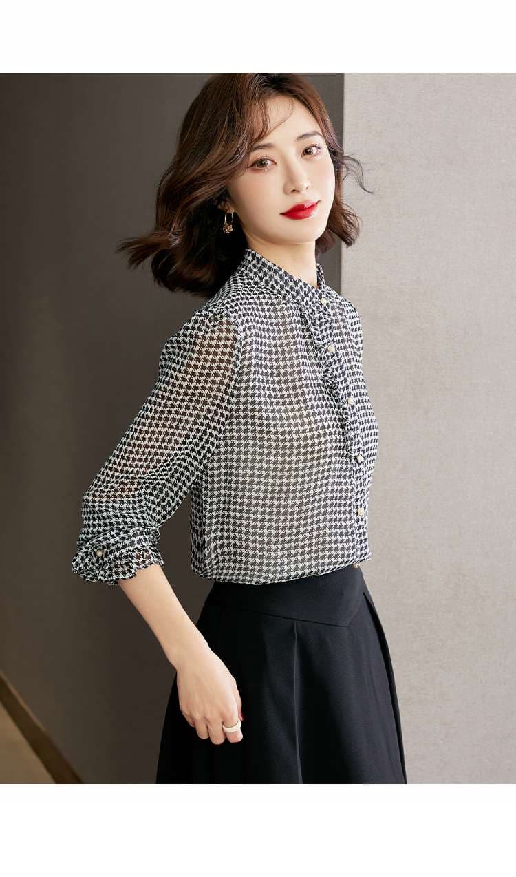 フリルブラウス エレガント千鳥格子ブラウス