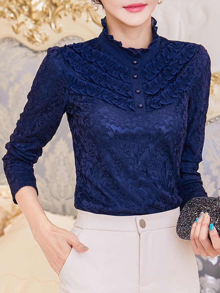 フリルブラウス レース調フリル襟付きブラウス