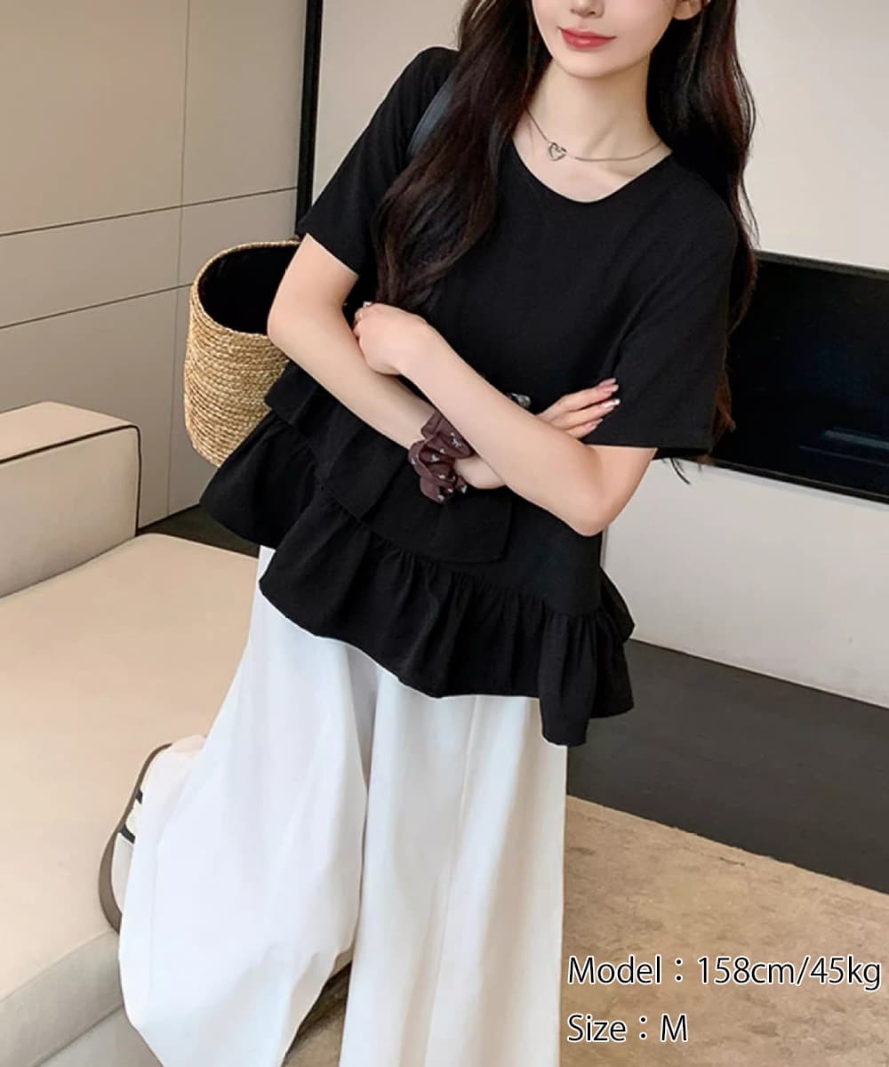 フリルブラウス 裾フリル段重ねブラウス 半袖 夏秋服
