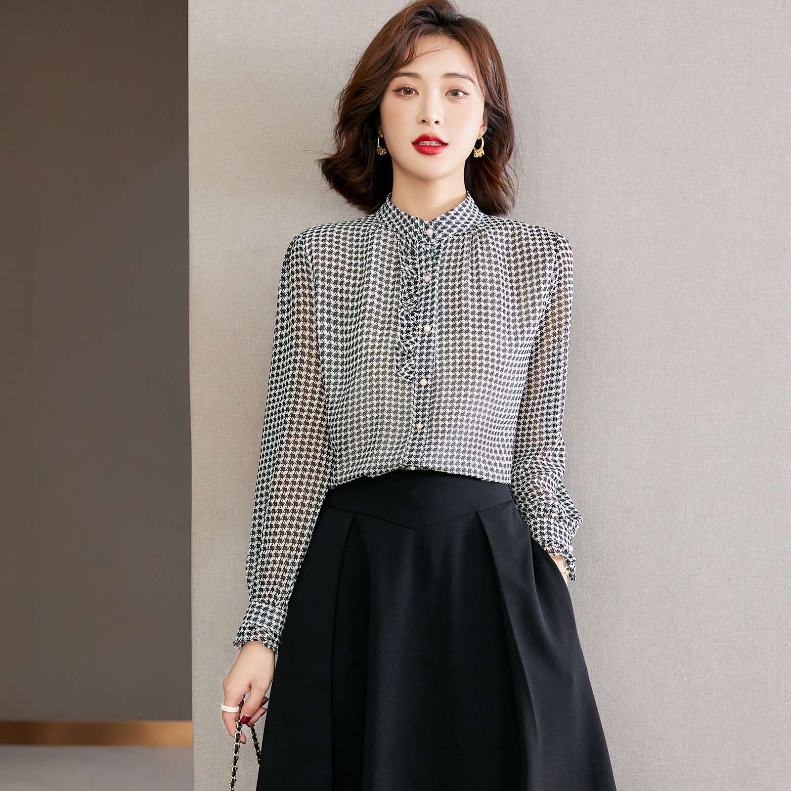 フリルブラウス エレガント千鳥格子ブラウス