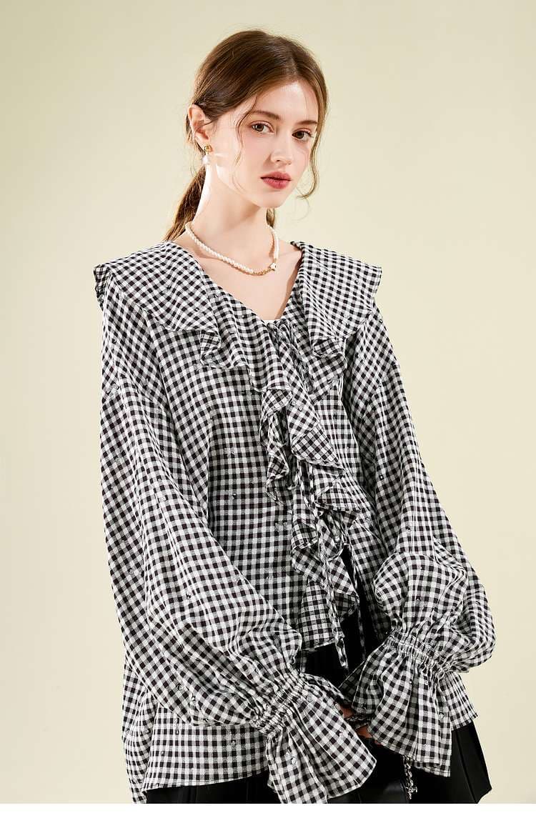ギンガムチェックフリルブラウス