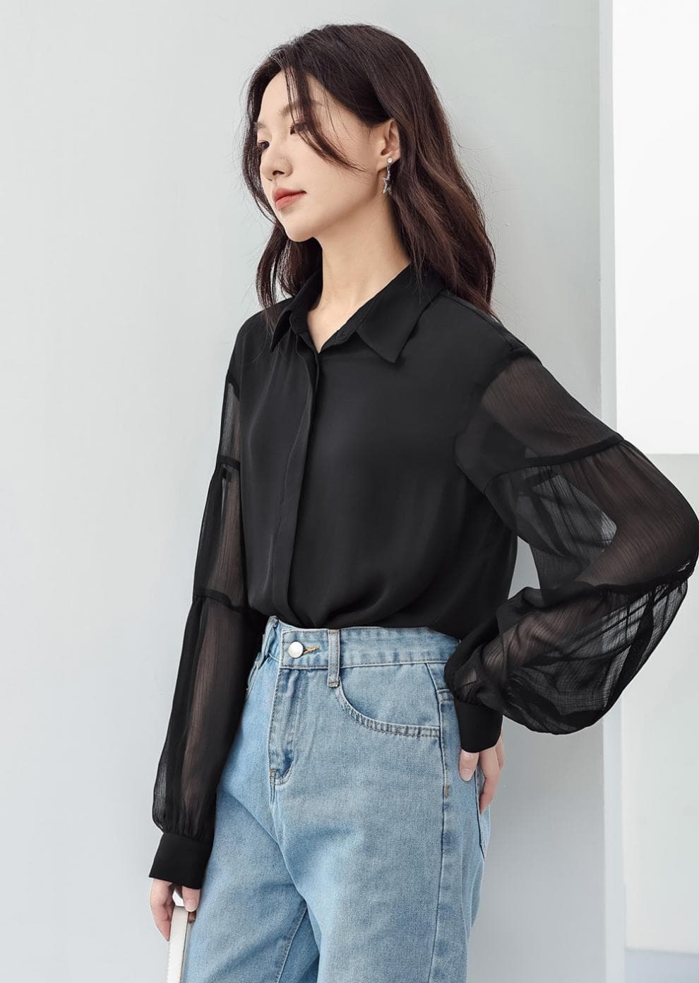フリルブラウス 透け感シフォンボリューム袖フリルシャツ
