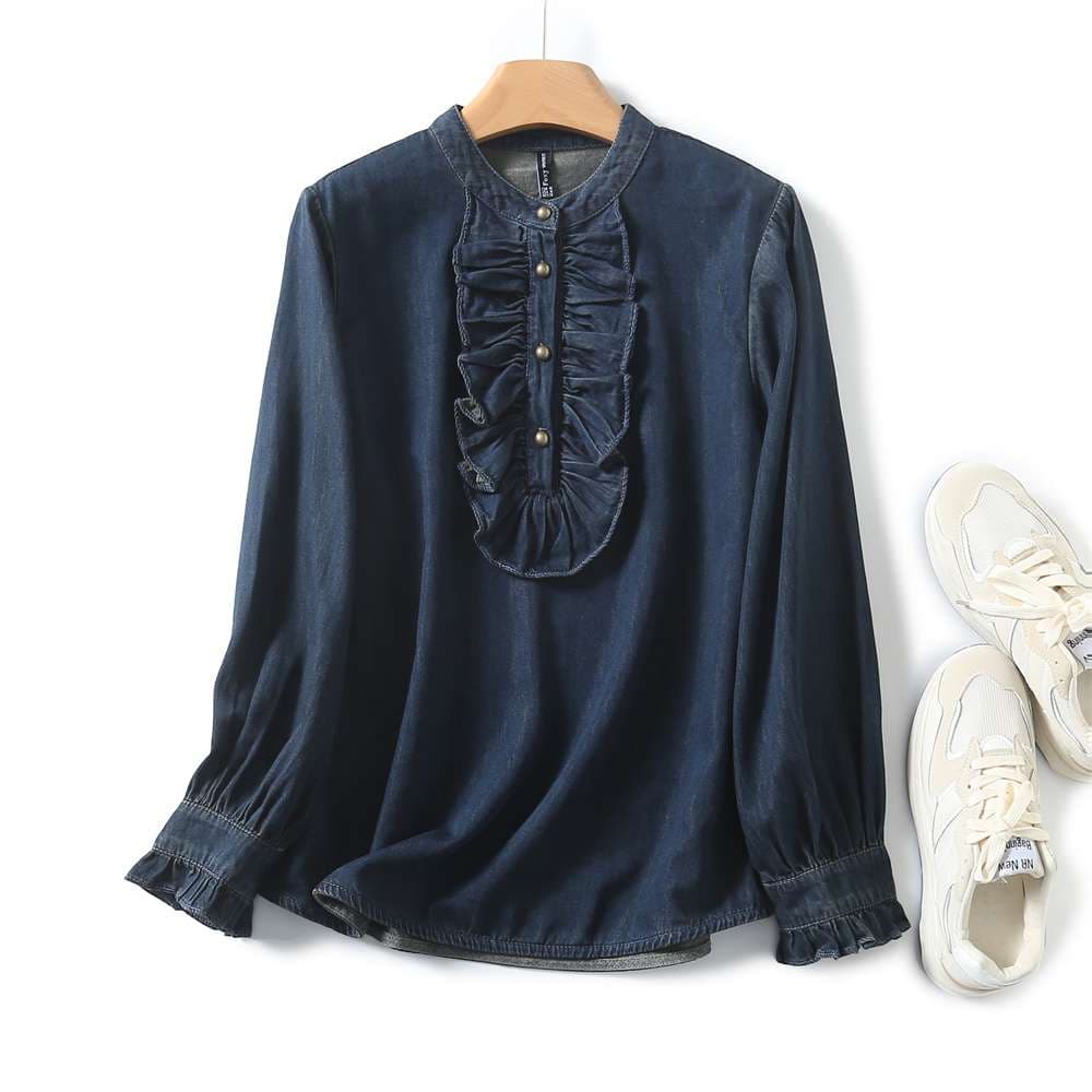 フリルブラウス ギャザーフリル デニムブラウス