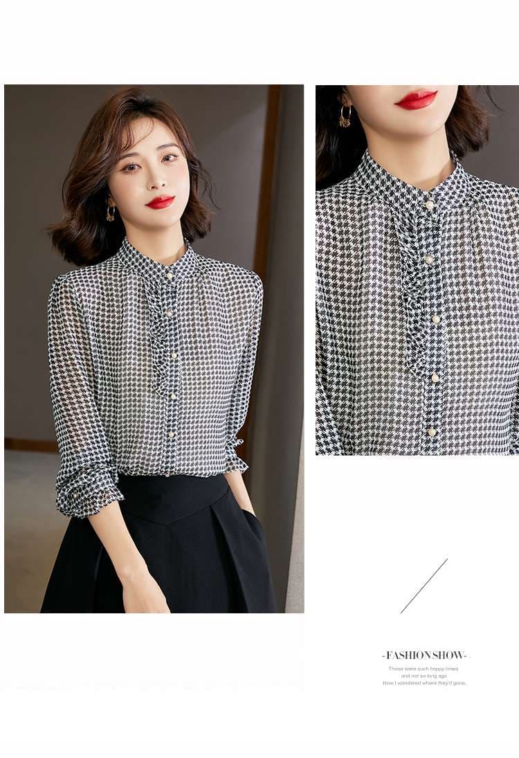 フリルブラウス エレガント千鳥格子ブラウス