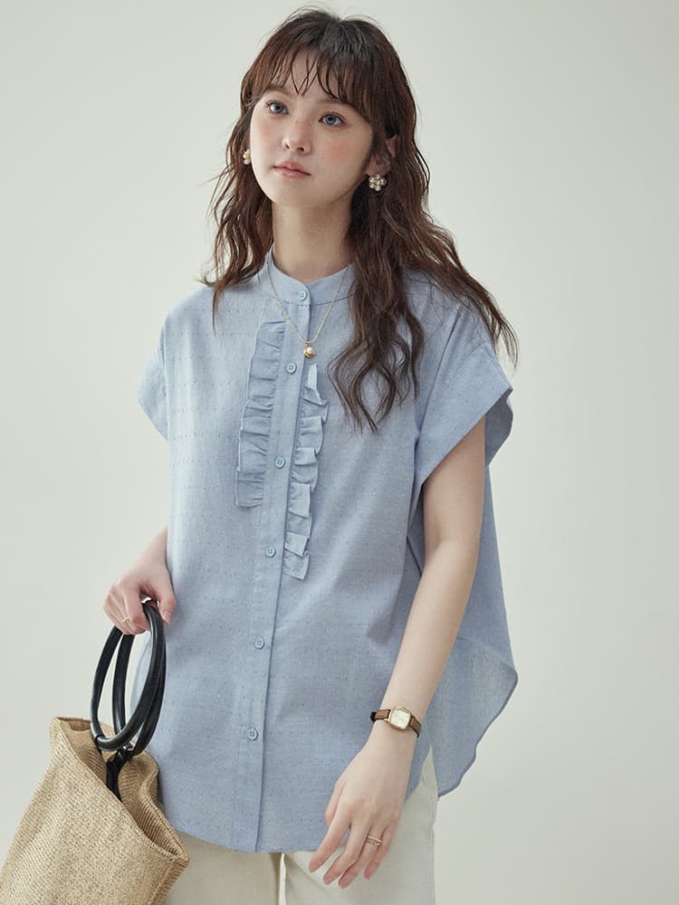 フリルブラウス 縦フリル飾り 上品ノースリーブブラウス