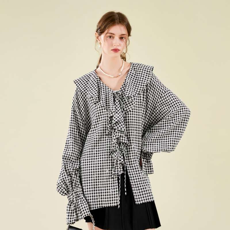 ギンガムチェックフリルブラウス