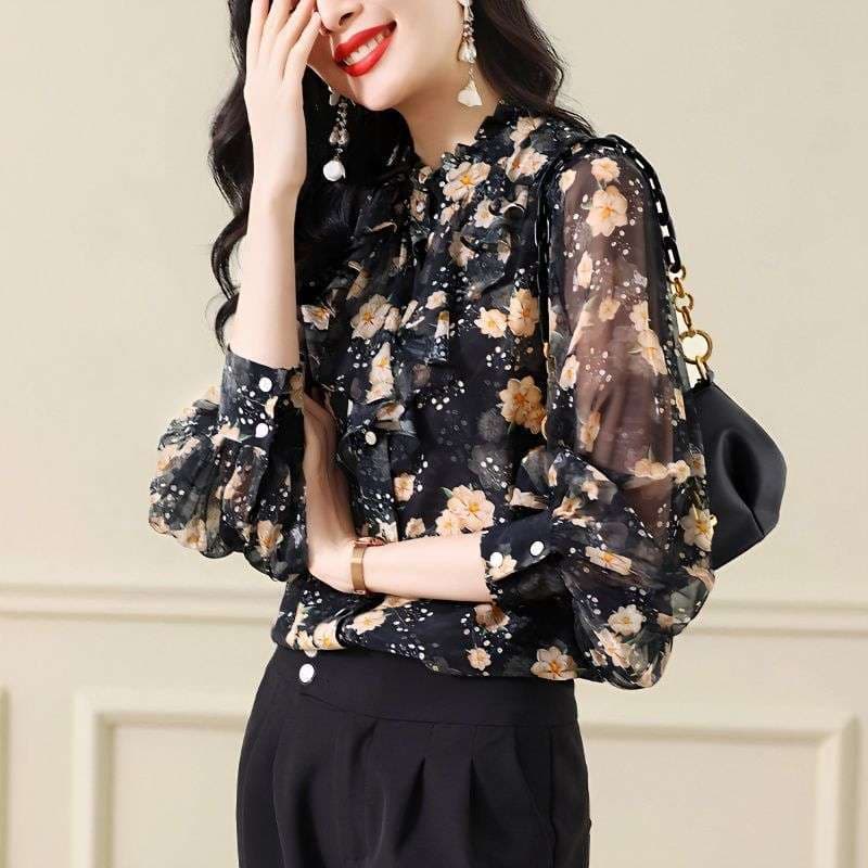 フリルブラウス 花柄シフォン フリルネックブラウス