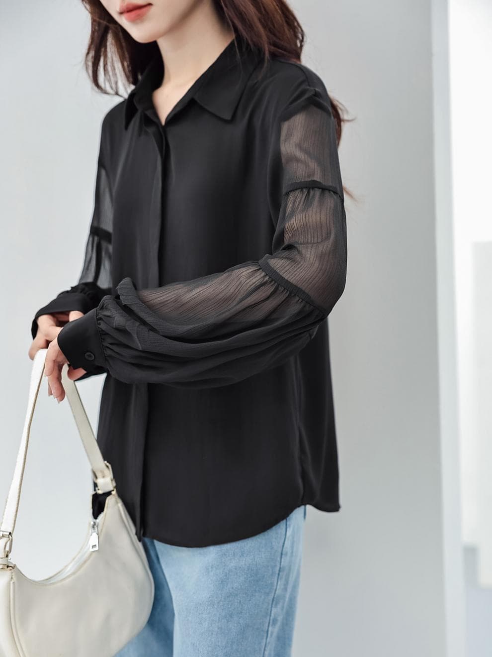 フリルブラウス 透け感シフォンボリューム袖フリルシャツ