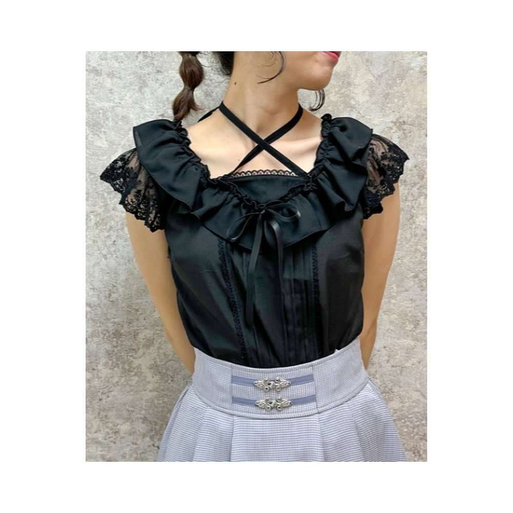 クロスネックレース袖フリルブラウス